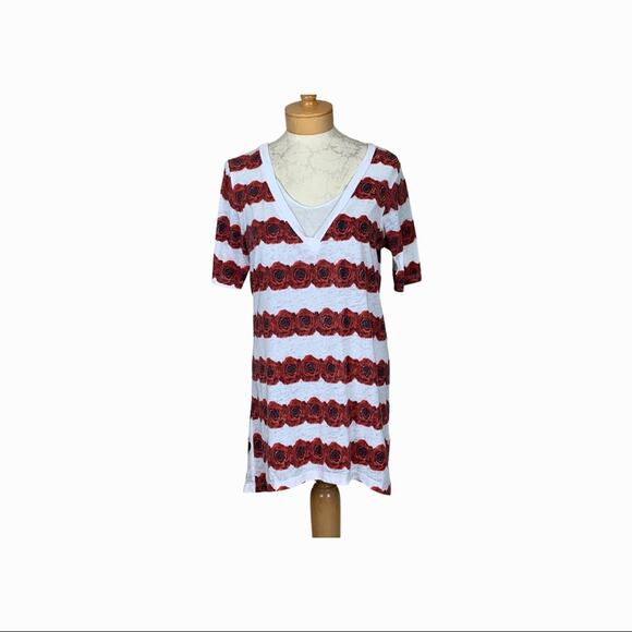 Chaser V Neck Rose Print Tunic T Shirt White Red Small - Picture 1 of 9